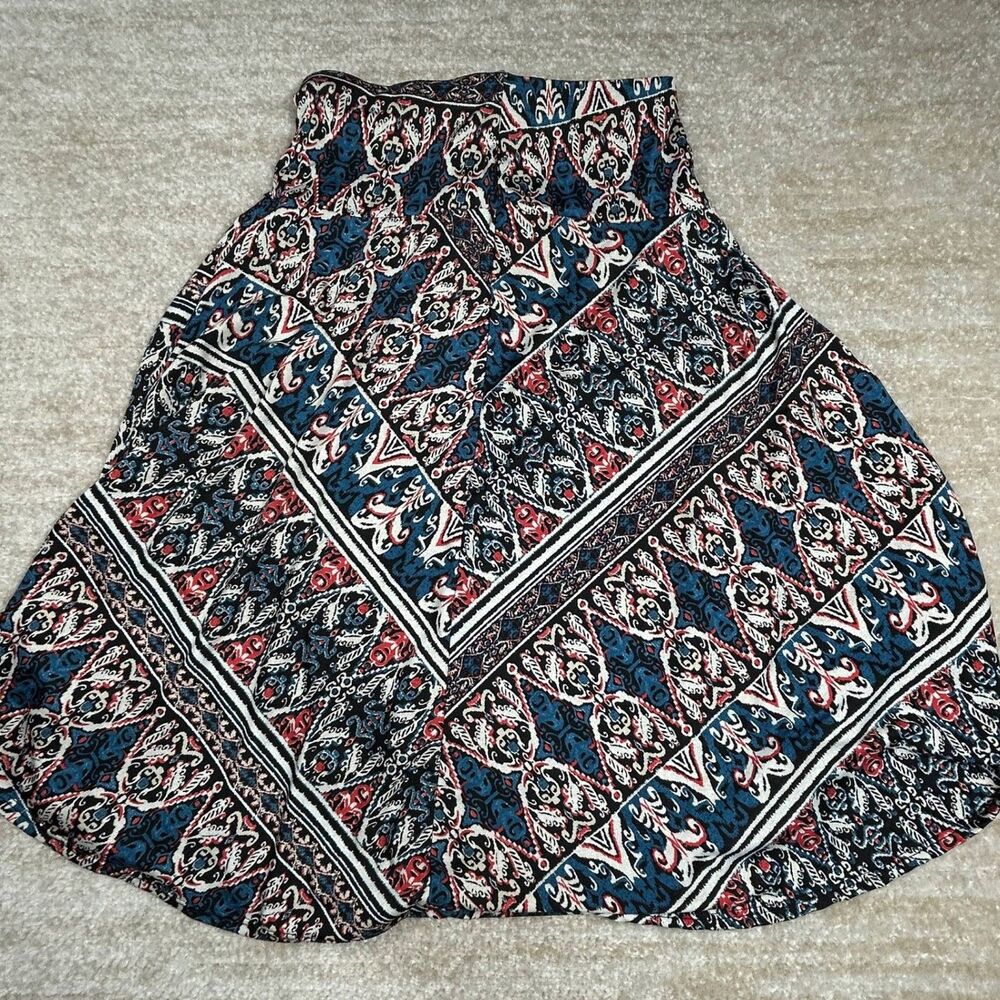 Shirley Blue Skirt Womens S ALine Flared Tribal Print Elastic Waist Casual